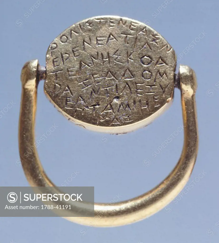 Gold ring with inscriptions in Thracian, from Ezerovo, Bulgaria. Goldsmith art. Thracian Civilization, 5th Century BC.