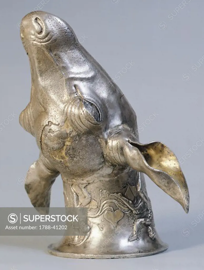Rhyton in the shape of a deer's head with a Dionysiac scene, gilded silver, from Rosovetz, Plovdiv Region, Bulgaria. Thracian Civilization, 5th-3rd Century BC.