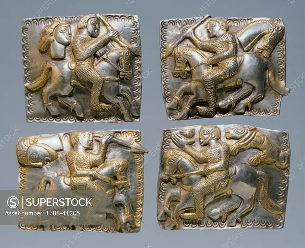 Silver plate with battle scenes, from Letnica, Bulgaria. Goldsmith art. Thracian Civilization, 4th Century BC.
