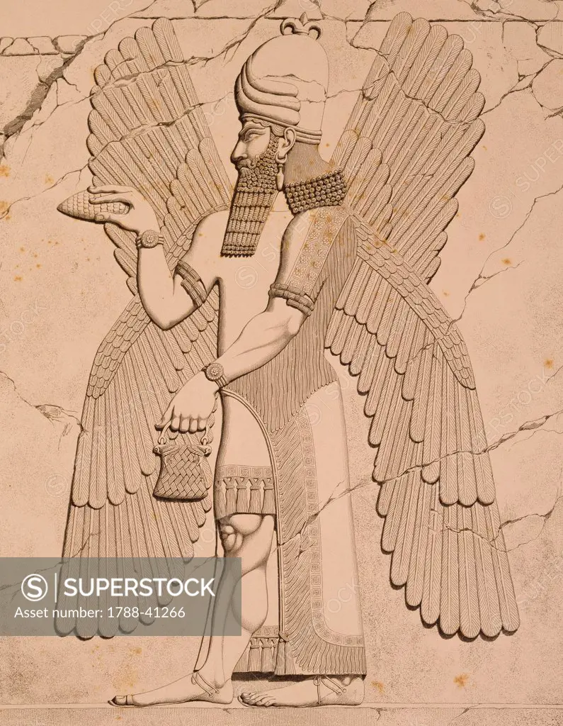 Relief depicting a winged man, drawing by Eugene Flandin from Monuments of Nineveh by Paul-Emile Botta, 1849. Assyrian civilisation.