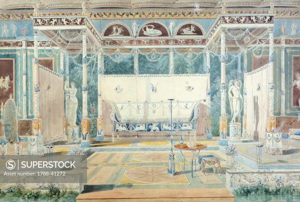 Reconstruction of a Roman house in Pompeian style, wall painting in watercolor in 1793.