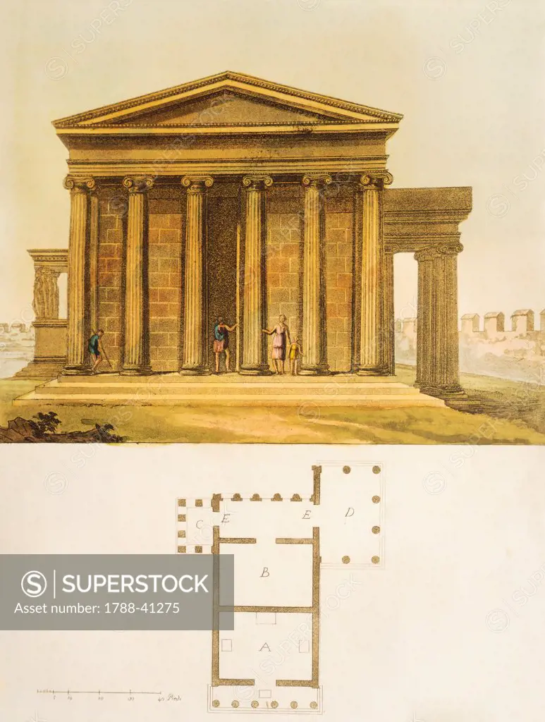 The temple of Minerva and its plan, 1827, by Giulio Ferrario (1767-1847), engraving from the Ancient and Modern Costumes, Milan, Italy. Greek Civilization, 19th Century.