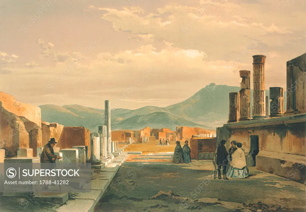 The rear of the Forum of Pompeii, engraving taken from the Houses and Monuments of Pompeii, Naples, 1854.