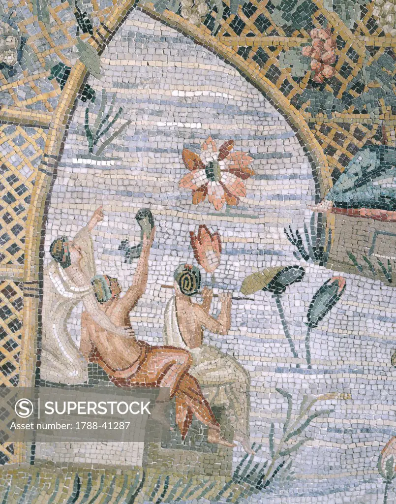 Mosaic depicting figures under a pergola, from Ancient Praeneste (Palestrina), Lazio. Roman Civilization, 1st Century BC.