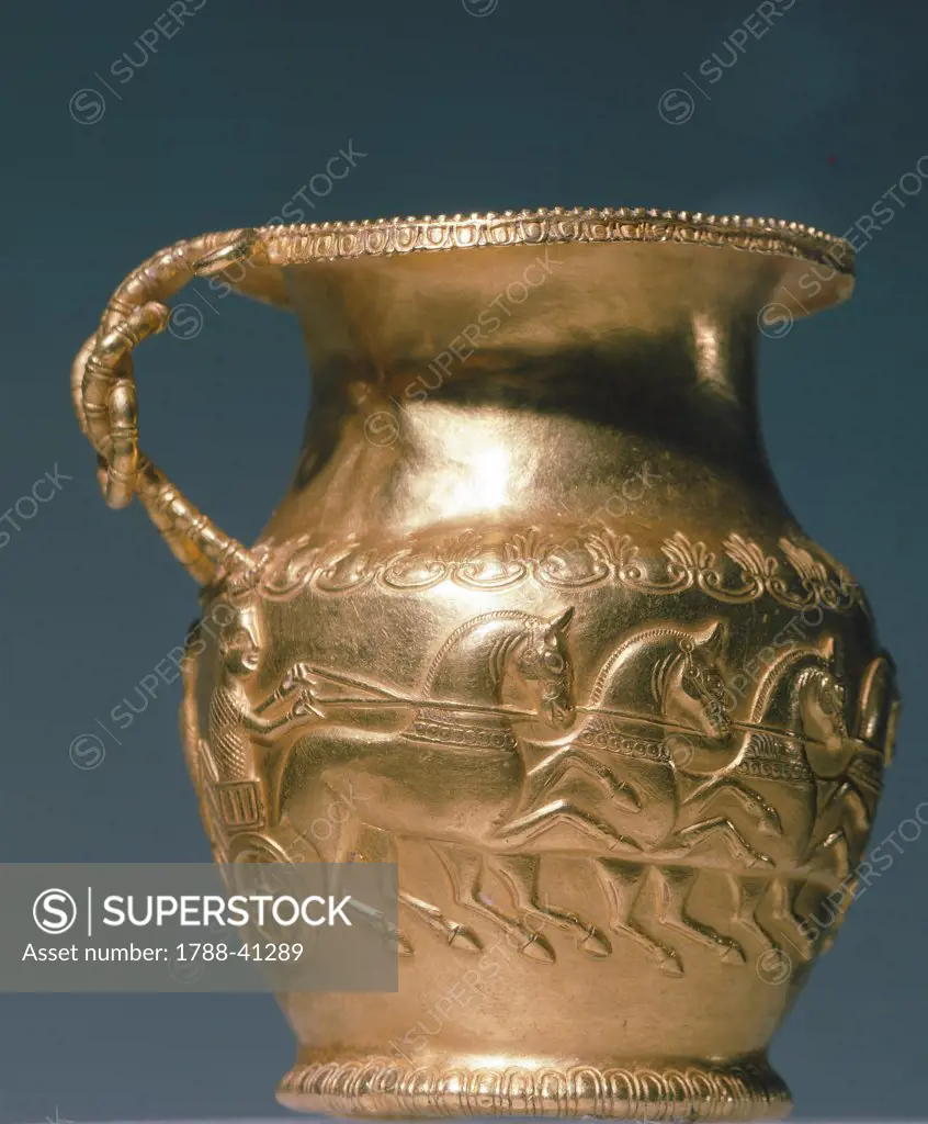 Gold pitcher depicting a winged chariot, from Tomb 2 in the Mogilanska Mogila burial mound, Mihailovgrad Region, Bulgaria. Goldsmith art. Thracian Civilization, 4th Century BC.