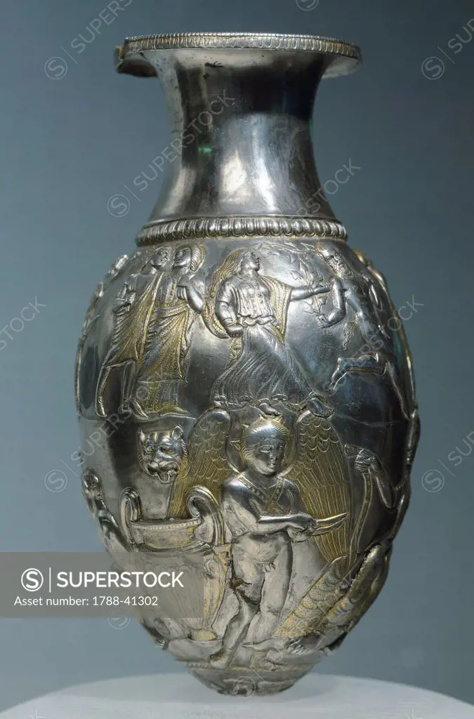 Gold and silver rhyton decorated with figures of Dionysus, Ariadne, Hercules, satyrs and maenads, from the Borovo Treasure, Ruse Region, Bulgaria. Goldsmith art. Thracian Civilization, 4th Century BC.