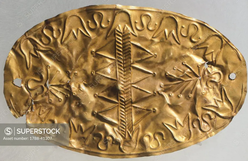 Gold ellipsoidal breastplate depicting the tree of life with palmettes and lotus flowers, from Staro Selo, Burgas Region, Bulgaria. Goldsmith art. Thracian Civilization, 5th Century BC.