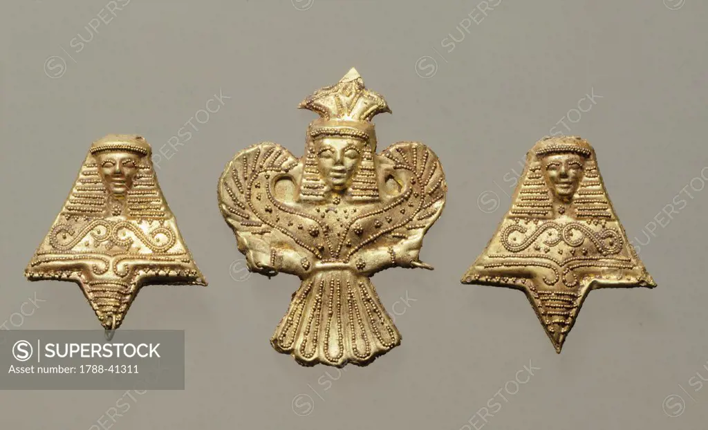 Gold pendants from Rhodes (Greece). Goldsmith art, Greek Civilization.