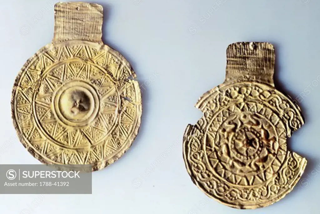 Gold pendants from Camiro, Rhodes (Greece). Goldsmith art, Greek Civilization.
