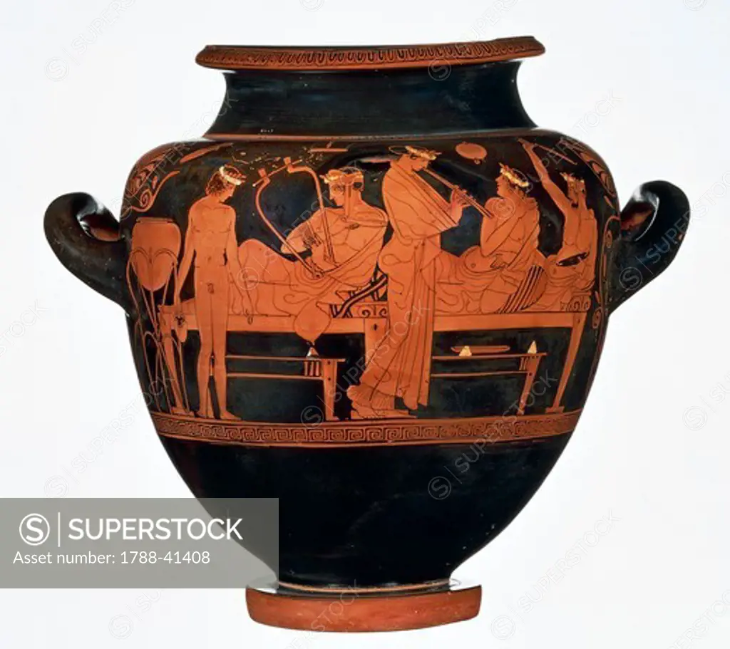 Attic stamnos representing a banquet, by the Painter of the Banquet, red-figure pottery. Greek Civilization.