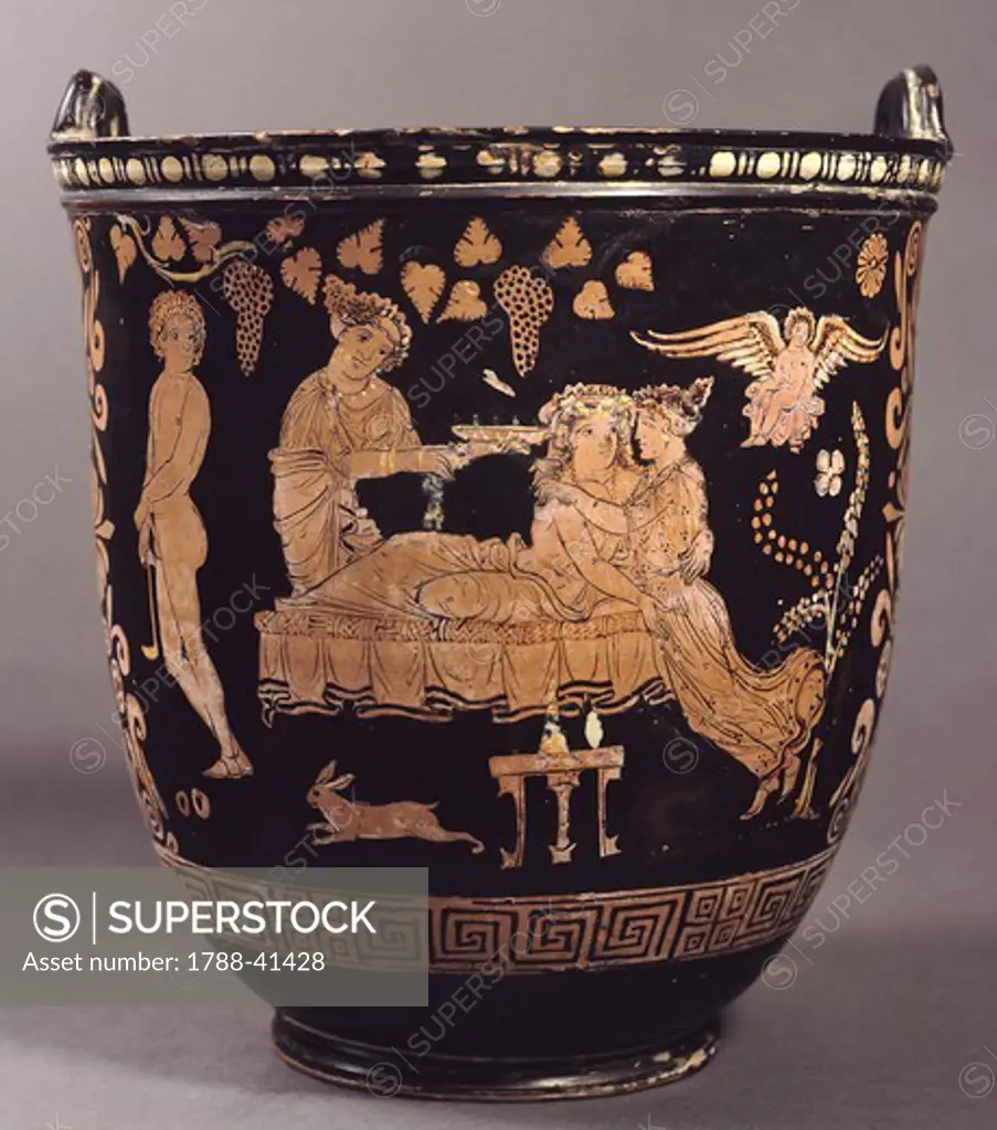 Apulian situla, 375-350 BC red-figure pottery from Rutigliano, Apulia, Italy. Detail of a love scene on side A. Ancient Greek civilization, Magna Graecia, 4th Century BC.