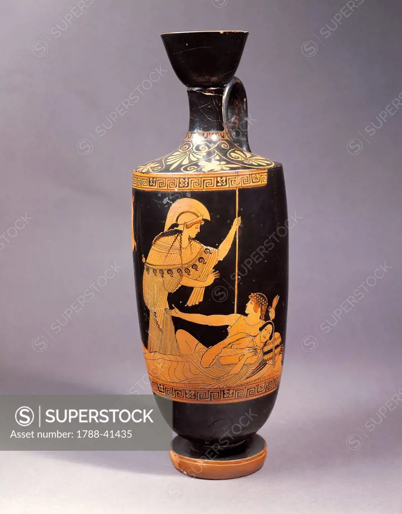 Lekythos depicting Theseus and Ariadne being woken up by Athena, 460 BC red-figure pottery, Italy. Ancient Greek civilization, Magna Graecia, 5th Century BC.