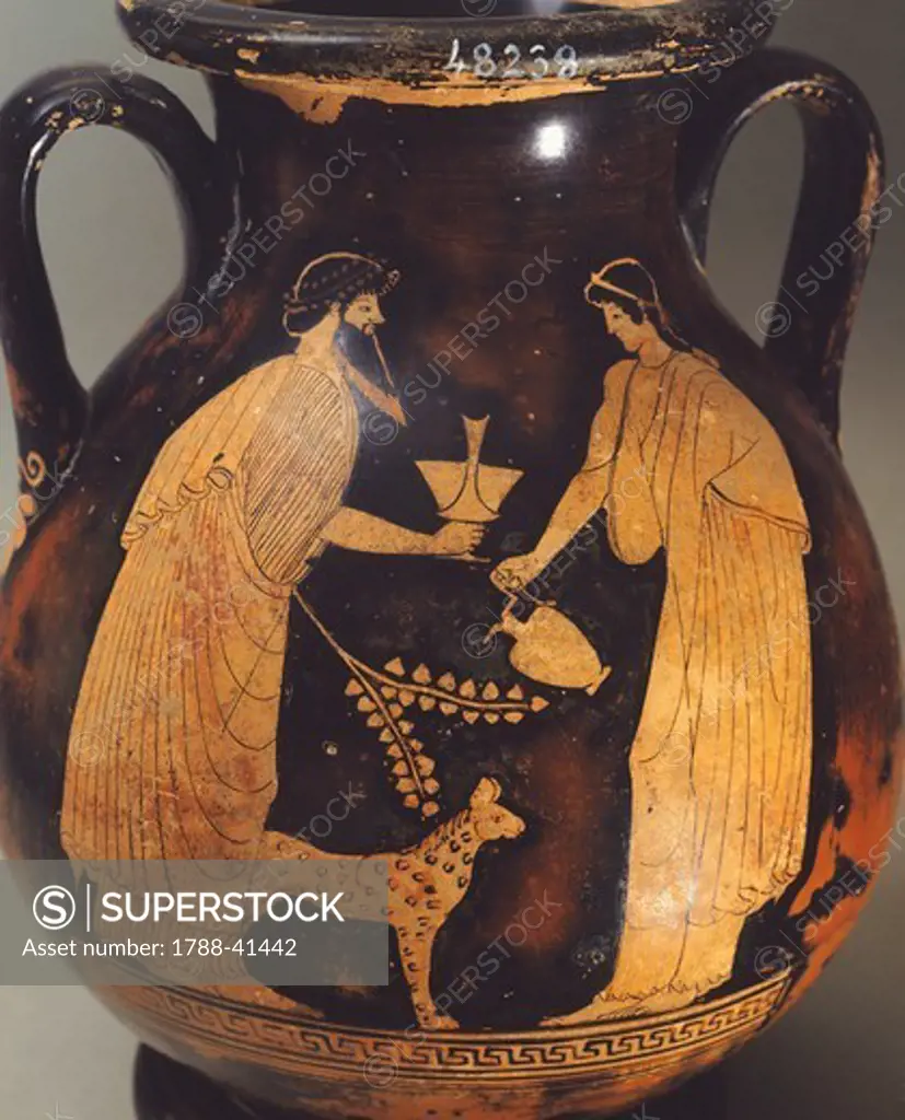 Amphora representing an exchange of gifts between lovers, red-figure pottery. Detail. Greek Civilization,