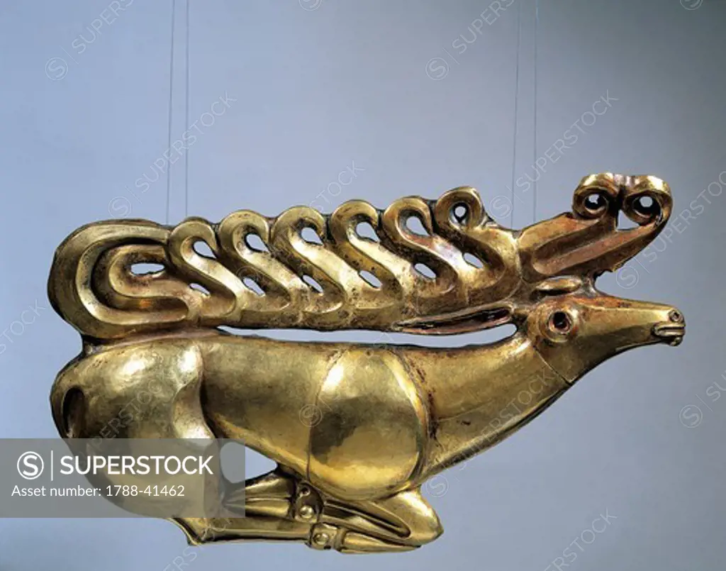 Figure of a deer, a decorative element from a shield. Goldsmith art. Scythian Civilization, 7th-6th Century BC.