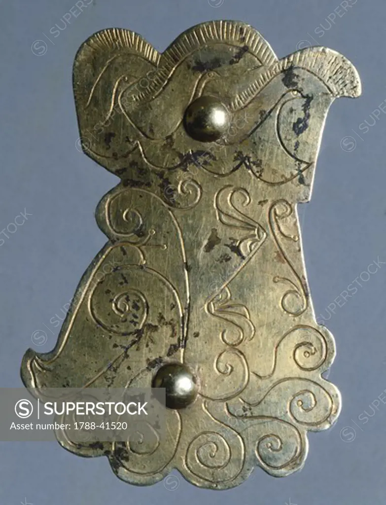 Gold paragnatide (cheekpiece) from a helmet. Goldsmith art. Scythian Civilization, 4th Century BC.