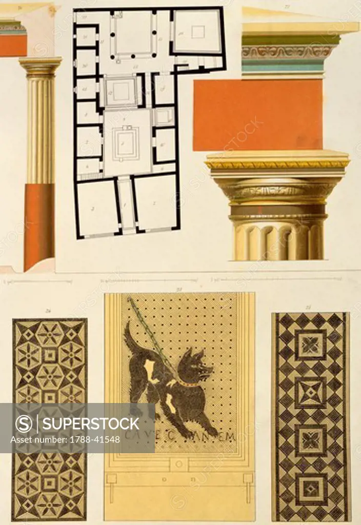 Reproduction of House of the Tragic Poet with floor plans and architectural details, from the Houses and Monuments of Pompeii, by Fausto and Felice Niccolini, Volume I, Plate I, 1854-1896.