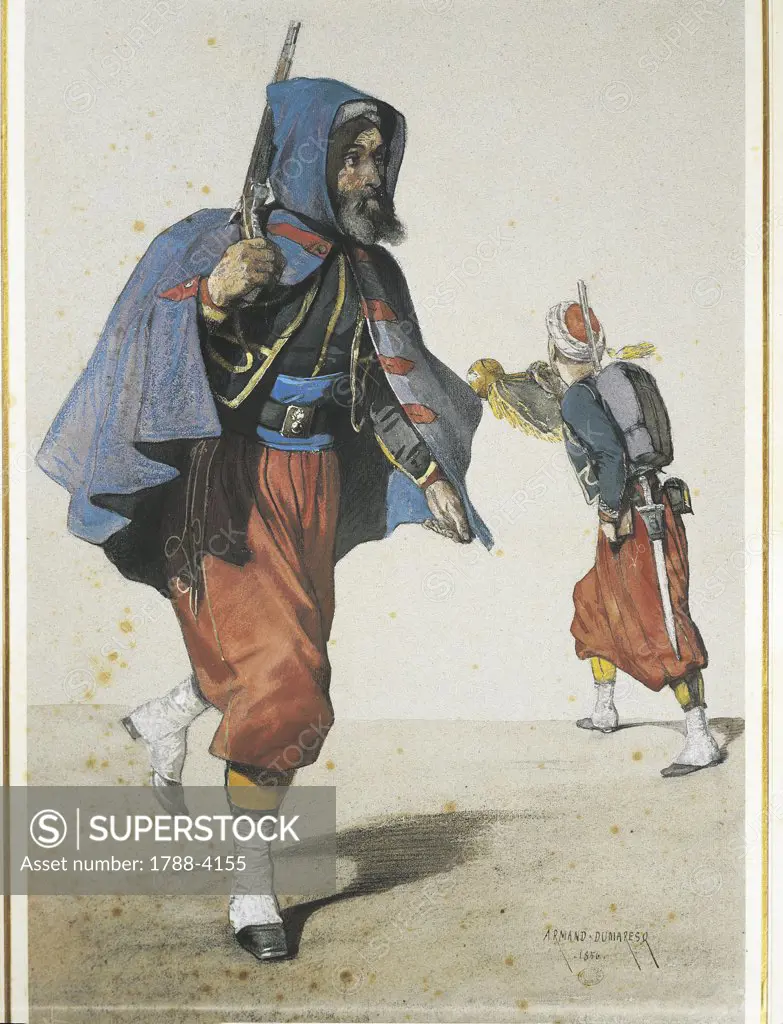 Militaria - France - 19th century - Zouaves of Napoleon III's Imperial Guard. Coloured engraving by Armand Dumareso, 1856