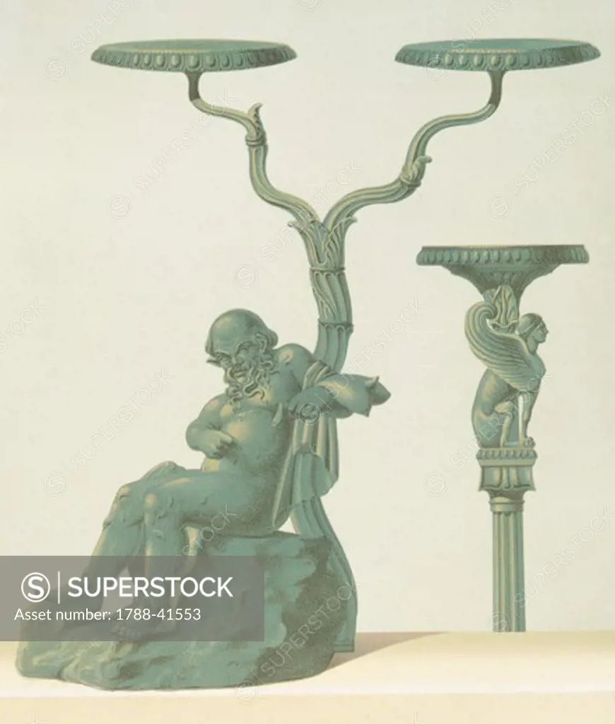Reproduction of a candlestick with Silenus, from the Houses and Monuments of Pompeii, by Fausto and Felice Niccolini, Volume I, House of the Second Fountain, Plate VI, 1854-1896.
