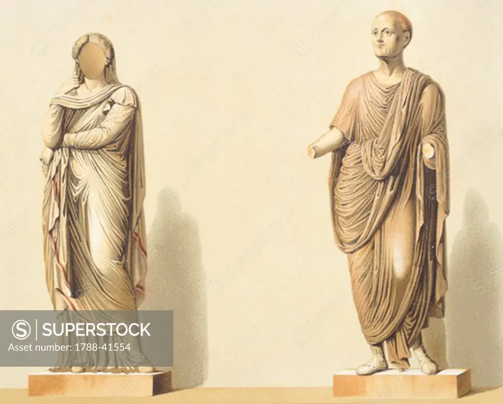 Reproduction of some statues, from the Houses and Monuments of Pompeii, by Fausto and Felice Niccolini, Volume I, Temple of Fortuna Augusta, Plate II, 1854-1896.
