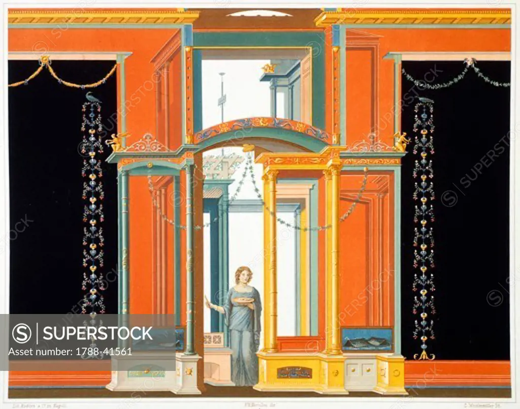Reproduction of a fresco of Pantheon, from the Houses and Monuments of Pompeii, by Fausto and Felice Niccolini, volume I, Pantheon, Plate V, 1854-1896.