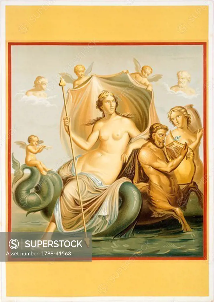 Reproduction of a fresco depicting Galatea, from the Houses and Monuments of Pompeii, by Fausto and Felice Niccolini, Volume I, House of the Coloured Capitals, Plate IV, 1854-1896.