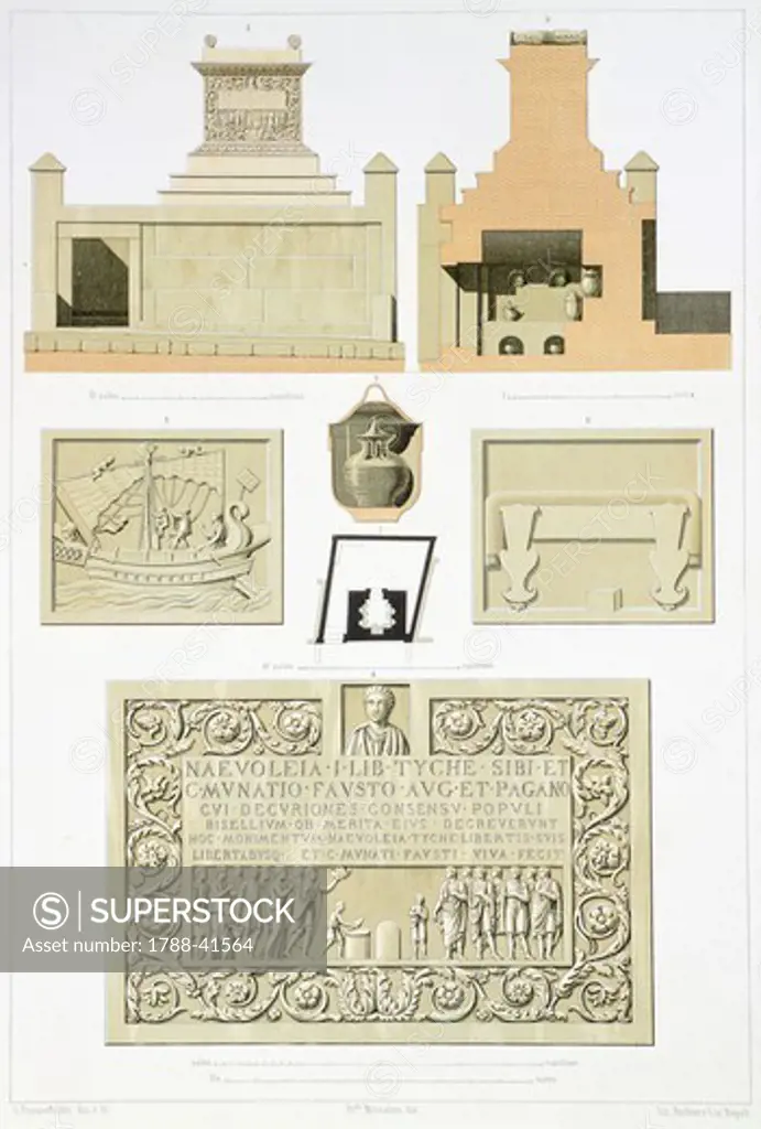 Reproduction of a floor plan, in split and reliefs, from the Houses and Monuments of Pompeii, by Fausto and Felice Niccolini, Volume I, Tomb of Naevoleia Tyche, single Plate, 1854-1896.