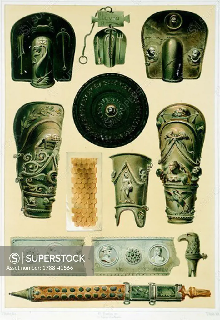 Reproduction of armor and weapons, from the Houses and Monuments of Pompeii, by Fausto and Felice Niccolini, Volume I, Barracks of the Gladiators, Plate IV, 1854-1896.