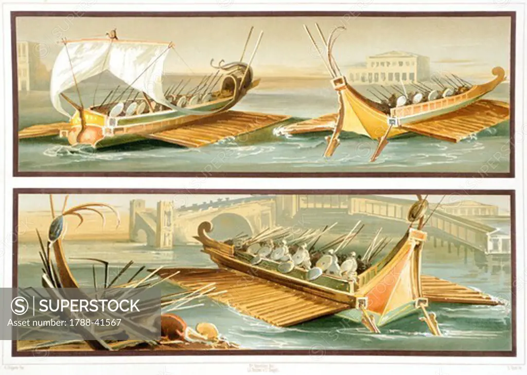 Reproduction of a fresco depicting Roman ships, from the Houses and Monuments of Pompeii, by Fausto and Felice Niccolini, Volume I, Temple of Isis, Plate IV, 1854-1896.