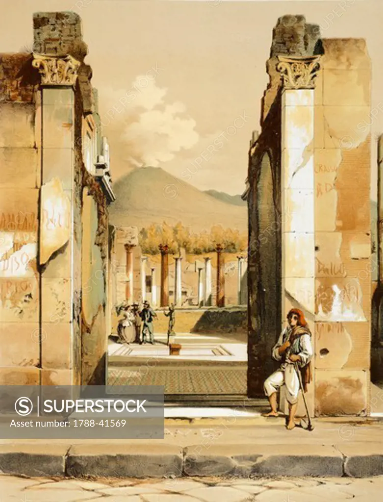 Reproduction of the perspective view of a house, the Houses and Monuments of Pompeii, by Fausto and Felice Niccolini, Volume I, House of the Faun, Plate IX, 1854-1896.
