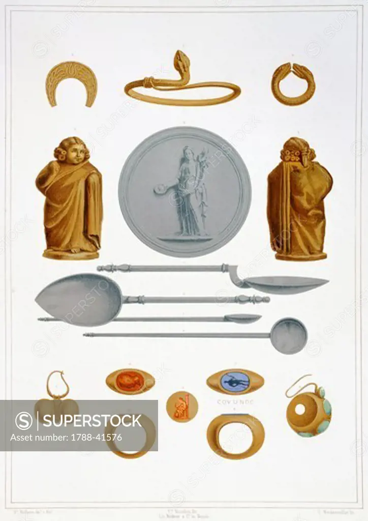 Reproduction of precious objects and gold jewellery, from The Houses and Monuments of Pompeii, by Fausto and Felice Niccolini, Volume II, General Descriptions, Plate XXXIV, 1854-1896.