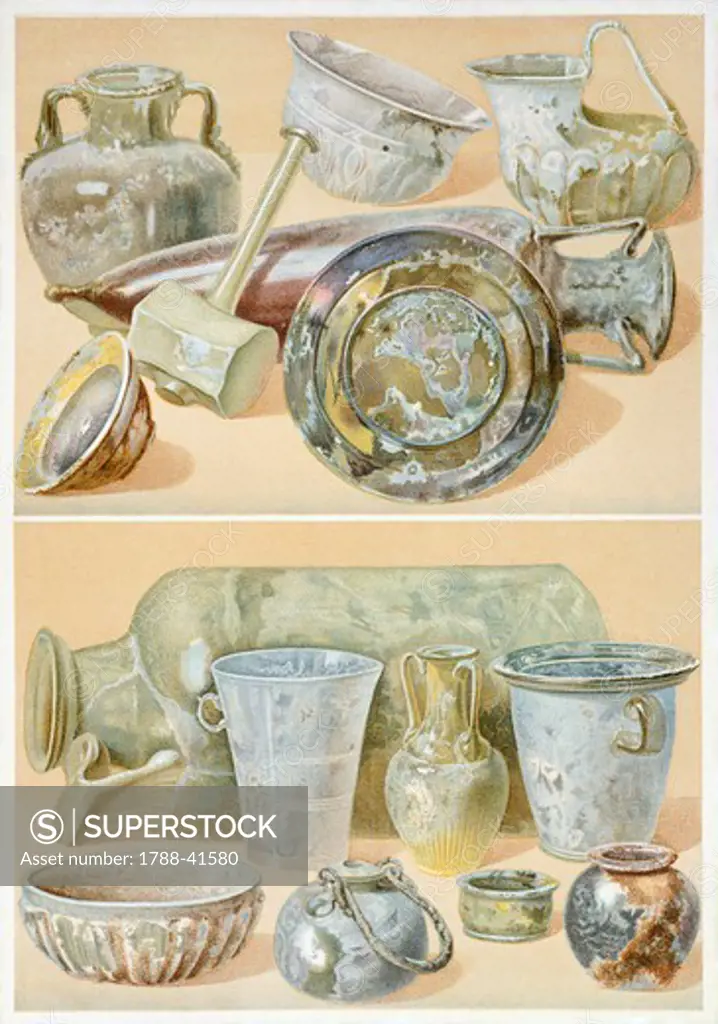 Reproduction of glass objects, from The Houses and Monuments of Pompeii, by Fausto and Felice Niccolini, Volume II, General Descriptions, Plate XLIII, 1854-1896.