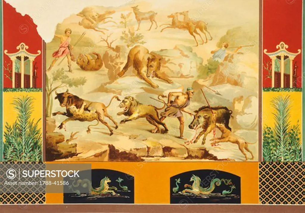Reproduction of a fresco depicting a scene of a great hunt, from The Houses and Monuments of Pompeii, by Fausto and Felice Niccolini, Volume II, General Descriptions, Plate LXXXII, 1854-1896.