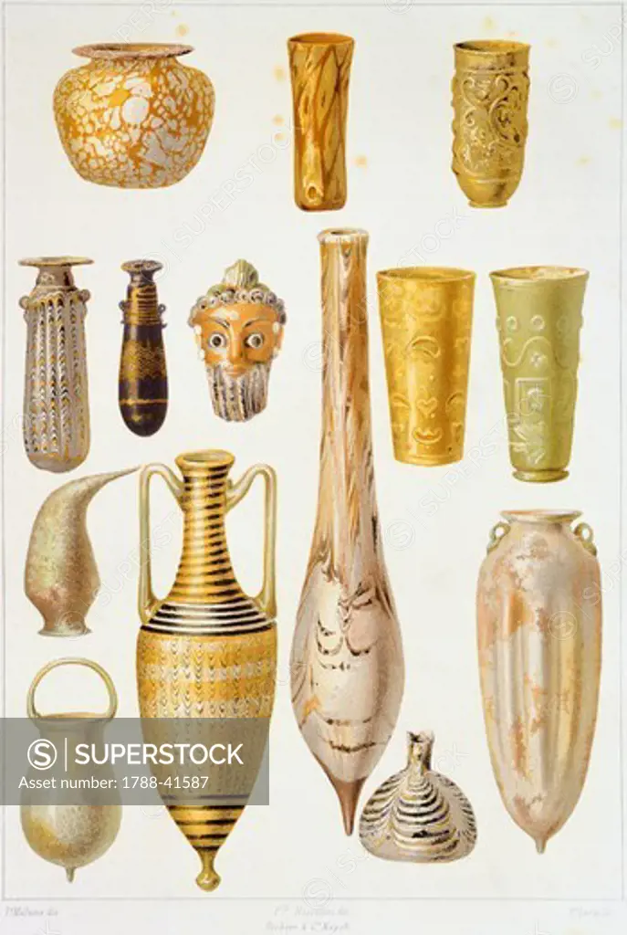 Reproduction of objects in glass paste, from The Houses and Monuments of Pompeii, by Fausto and Felice Niccolini, Volume II, General Descriptions, Plate LXXXIII, 1854-1896.