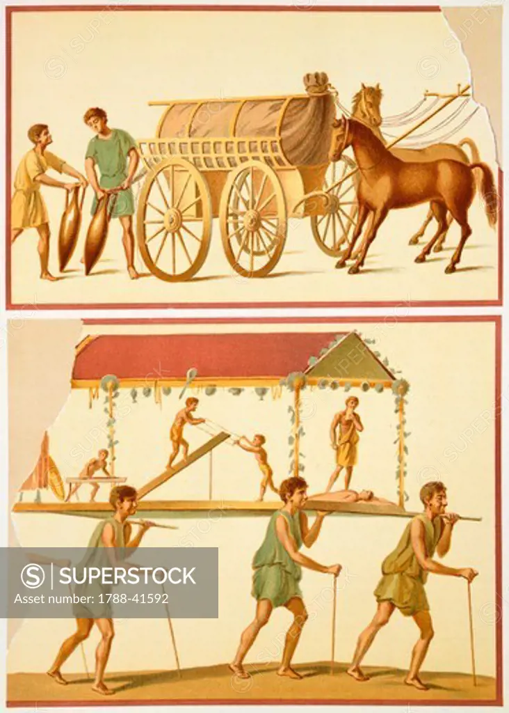 Reproduction of a fresco depicting the transport of goods on a wagon and a sedan chair, from The Houses and Monuments of Pompeii, by Fausto and Felice Niccolini, Volume III, The Trades and Pompeian Industries, Plate V, 1854-1896.