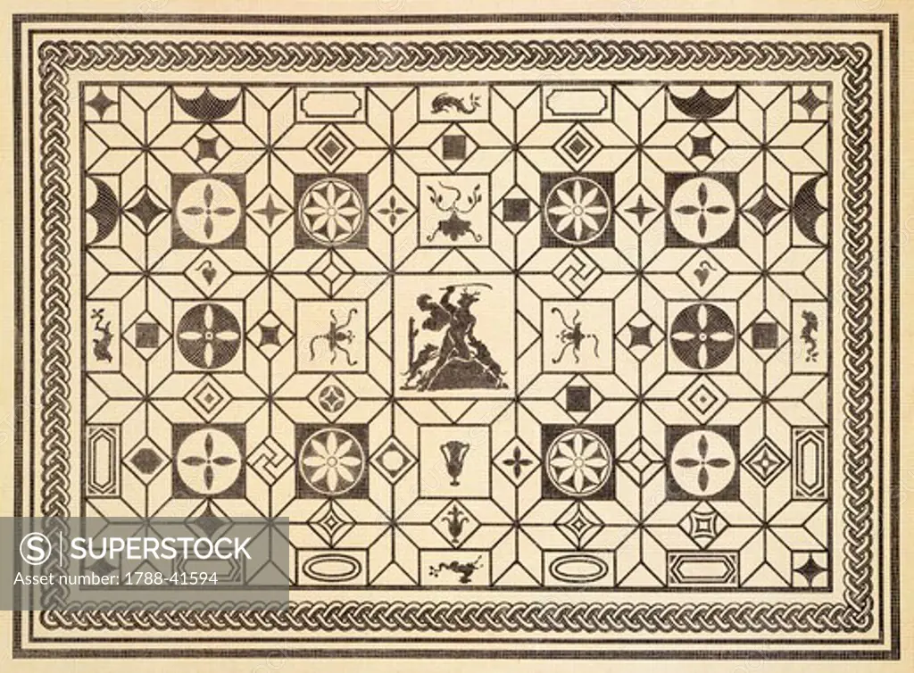 Reproduction of a mosaic with geometric patterns, from The Houses and Monuments of Pompeii, by Fausto and Felice Niccolini, Volume III, Art in Pompeii, Plate XIII, 1854-1896.
