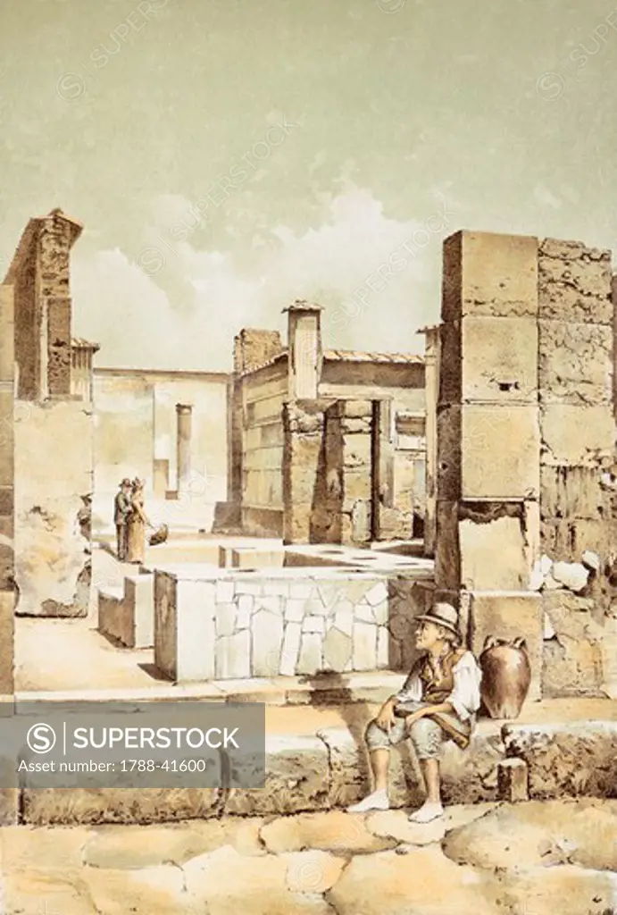 Reproduction of the view of a house, from The Houses and Monuments of Pompeii, by Fausto and Felice Niccolini, Volume III, House of Sallust, Plate I, 1854-1896.