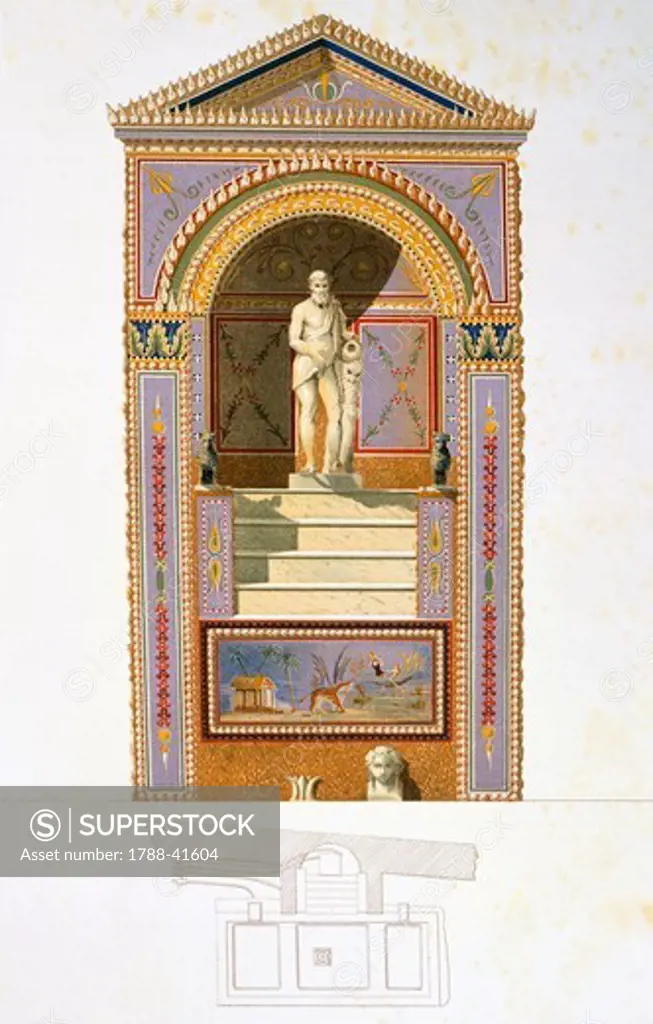 Reproduction of a fresco depicting a Nymphaeum, from The Houses and Monuments of Pompeii, by Fausto and Felice Niccolini, Volume IV, Supplement, Plate X, 1854-1896.