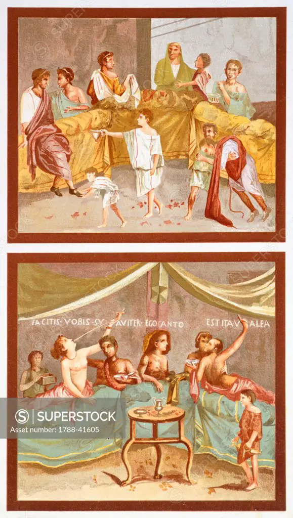 Reproduction of frescoes depicting banquet scenes, from The Houses and Monuments of Pompeii, by Fausto and Felice Niccolini, Volume IV, Supplement, Plate XII, 1854-1896.
