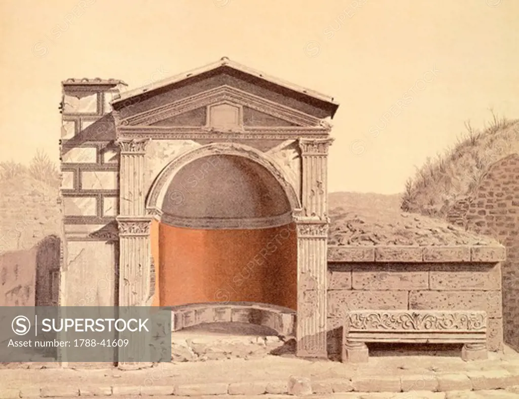 Reproduction of a mural depicting a niche, from The Houses and Monuments of Pompeii, by Fausto and Felice Niccolini, Volume IV, Supplement, Plate XLVII, 1854-1896.