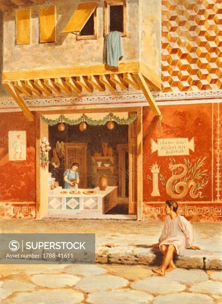 Reproduction of a shop, from The Houses and Monuments of Pompeii, by Fausto and Felice Niccolini, Volume IV, Essays in Restoration, Plate IV, 1854-1896.