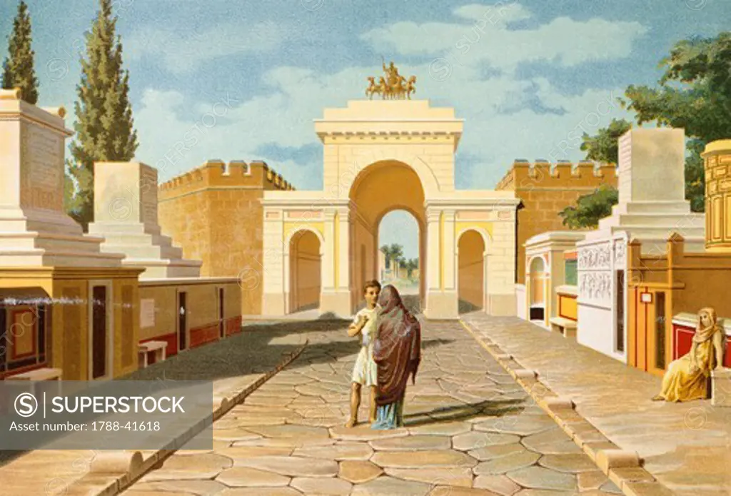 Reproduction of the Gate of Herculaneum, from The Houses and Monuments of Pompeii, by Fausto and Felice Niccolini, Volume IV, Essays in Restoration, Plate XIV, 1854-1896.