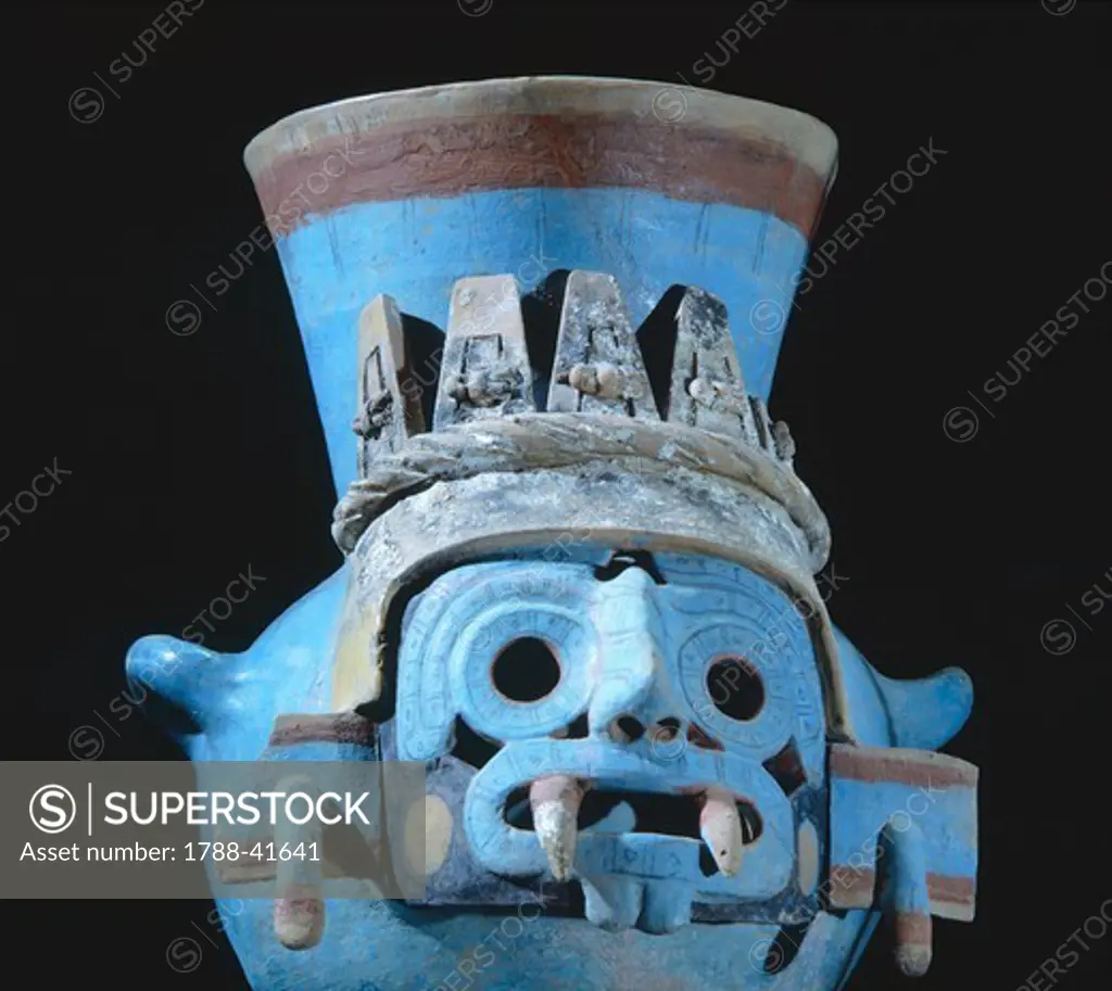 Urn showing a depiction of the rain god Tlaloc. Polychrome pottery artifact originating from Mexico. Aztec Civilization, 14th-16th Century.