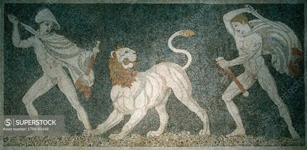 Alexander the Great and Hephaestion during a lion hunt, ca 320 BC, mosaic from the peristyle house 1 (The House of Dionysos), Room C, Pella, Greece. 4th Century BC.