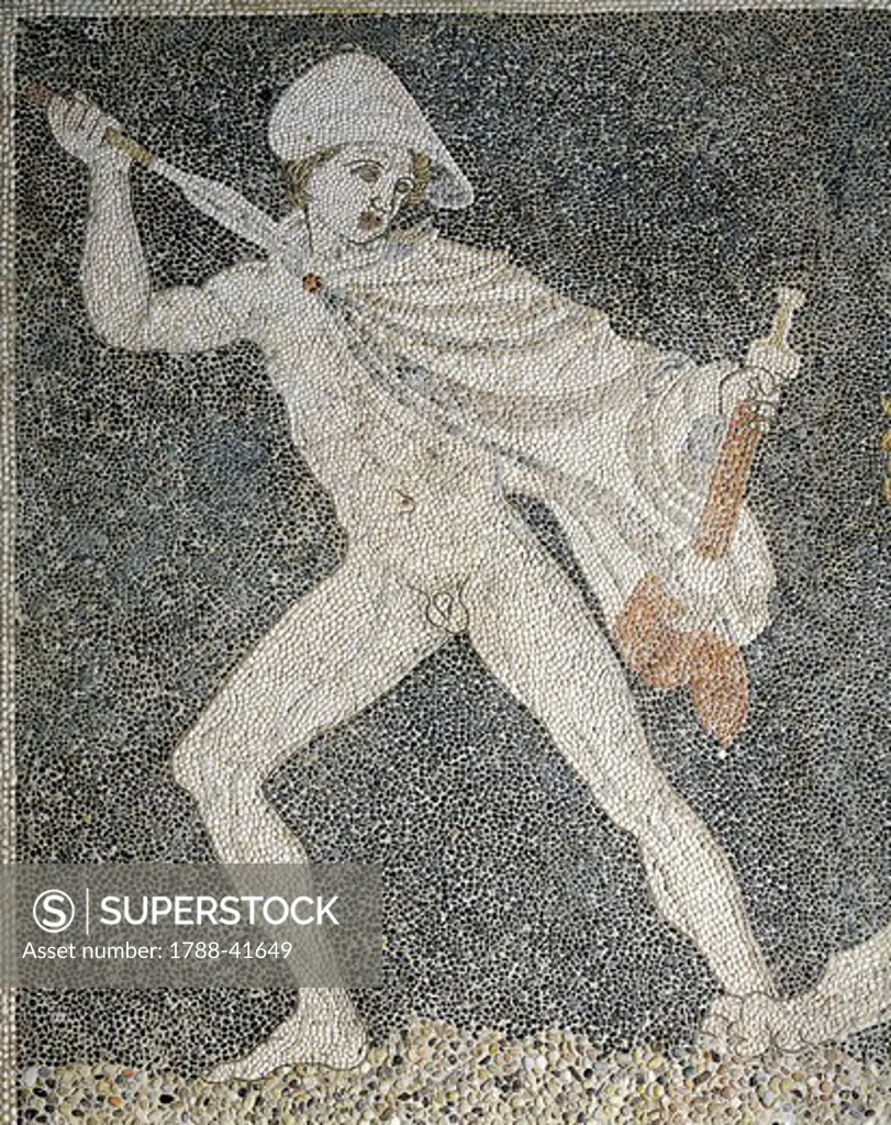 Alexander the Great and Hephaestion during a lion hunt, ca 320 BC, mosaic from the peristyle house 1 (The House of Dionysos), Room C, Pella, Greece. Detail showing Alexander, 4th Century BC.