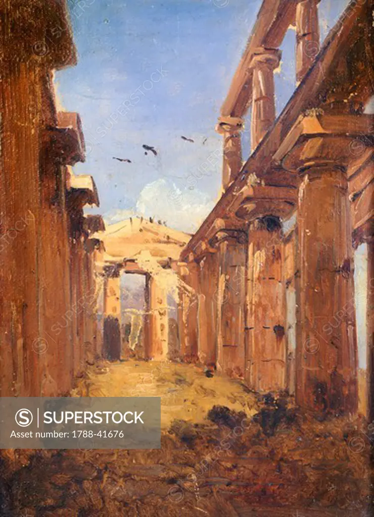 The Basilica of Paestum 1845-1848, by Giacinto Gigante (1806-1876). Oil on canvas 23x17 cm.
