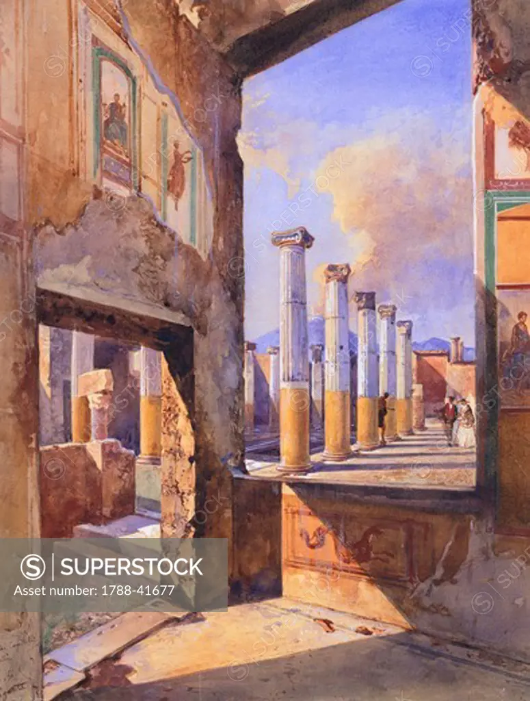 The House of the Coloured Capitals in Pompeii, 1856, by Giacinto Gigante (1806-1876). Pencil, pen and watercolor 40,4x30,7 cm.