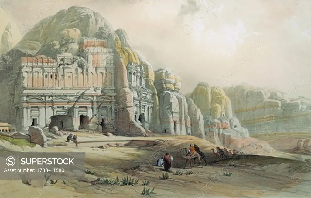David Roberts, view of the ruins of Petra, Jordan. Watercolour, 1839.