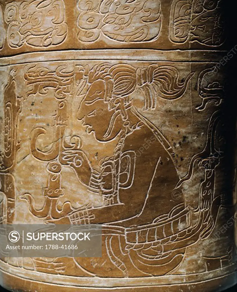 Cylindrical pottery engraved and painted vase, height 17cm, width 14,5cm. From the Copan Acropolis(Honduras). Detail of the decorations. Mayan Civilization, recent classical period 600-900.