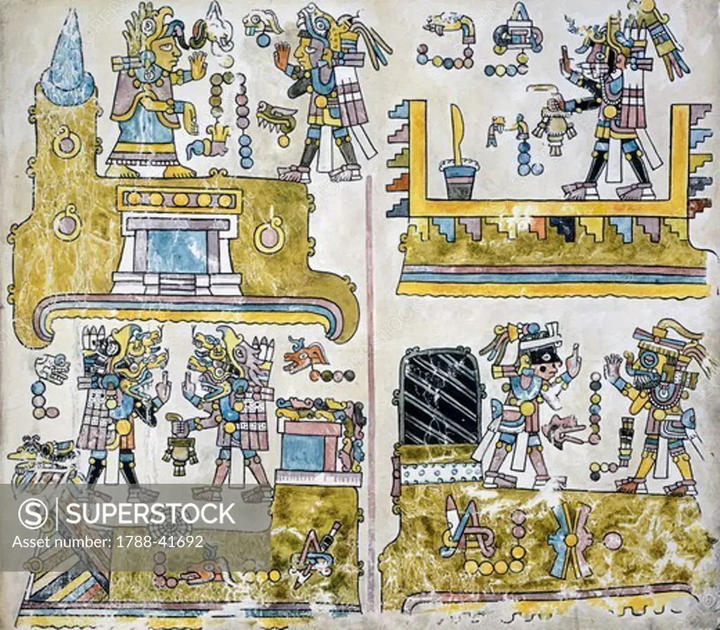 Offerings to the gods, illustration taken from a reproduction of the Mixtec Code. Mexico, Mixtec Civilization.