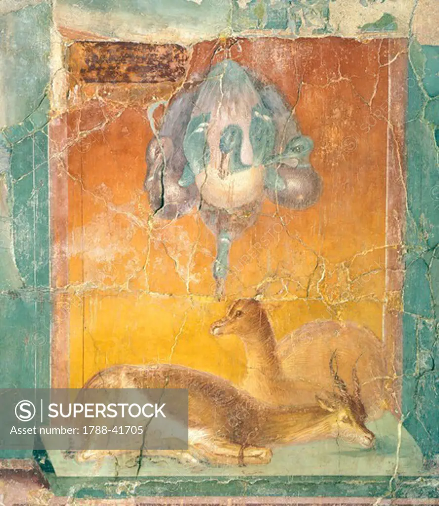 Fragment of wall decoration in Second Pompeian Style showing ducks and antelopes, painting on plaster, 120x105 cm, from the Villa of Papyrus in Herculaneum, Campania. Roman Civilization, 70-60 BC.